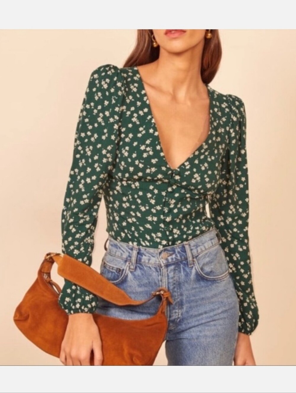 REFORMATION NELL TOP ANETTE GREEN FLORAL PRINT